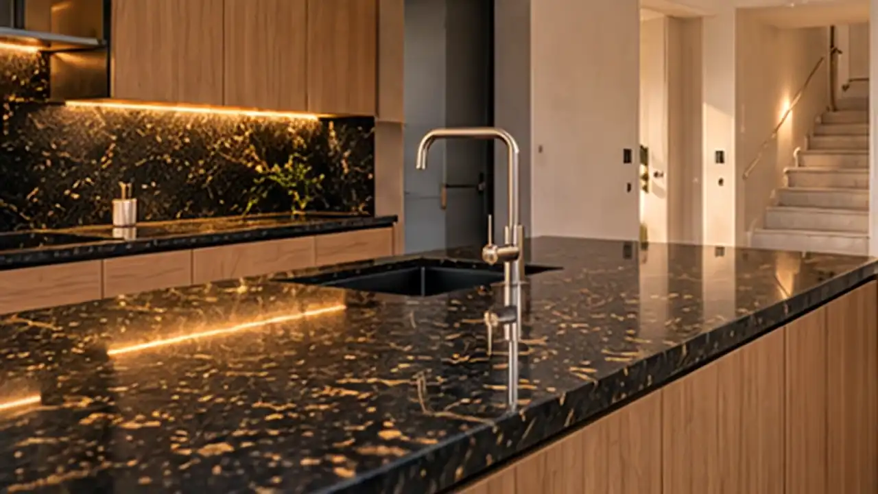 Plan de travail en granite noir dans une cuisine