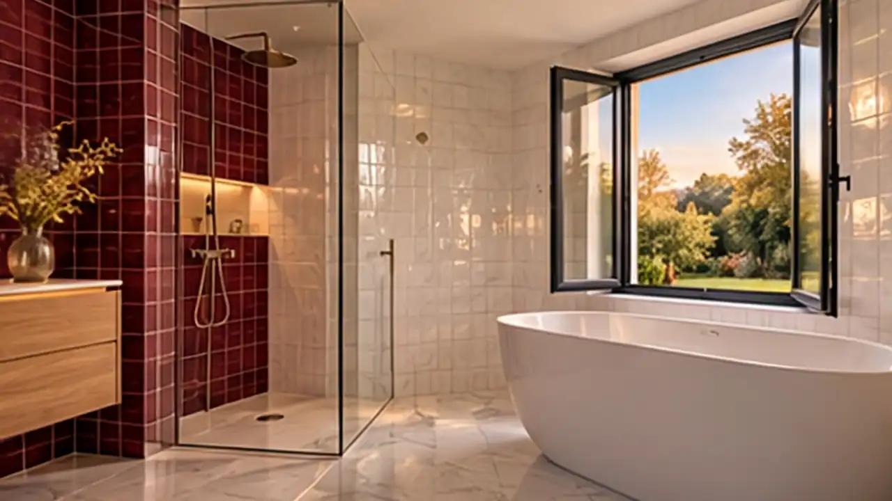 Salle de bain en faïence blanche et bordeaux